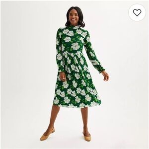 Draper James Green and White Floral Long Sleeve Dress